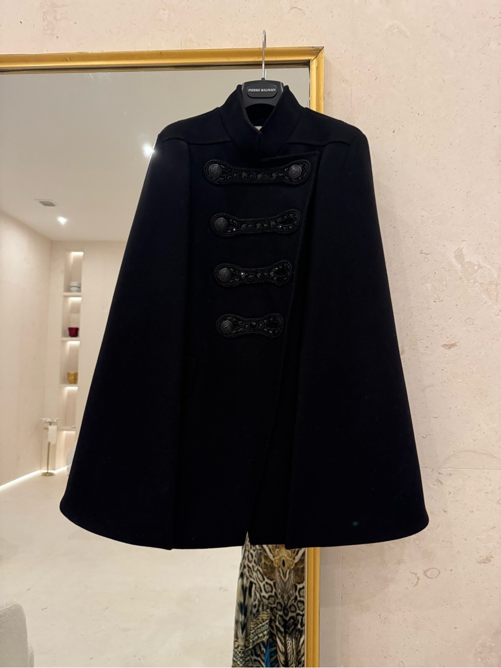 Pierre Balmain Black Military-Style Wool Cape